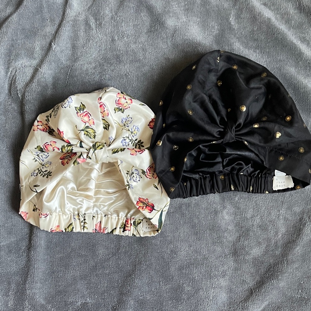 a new day Satin Sleep Caps Set - Cream Floral & Black with Gold Dots